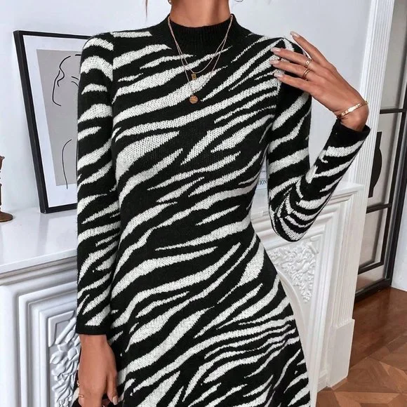 Zebra Striped Pattern Mock Neck Knit Sweater Dress - Picture 2 of 5